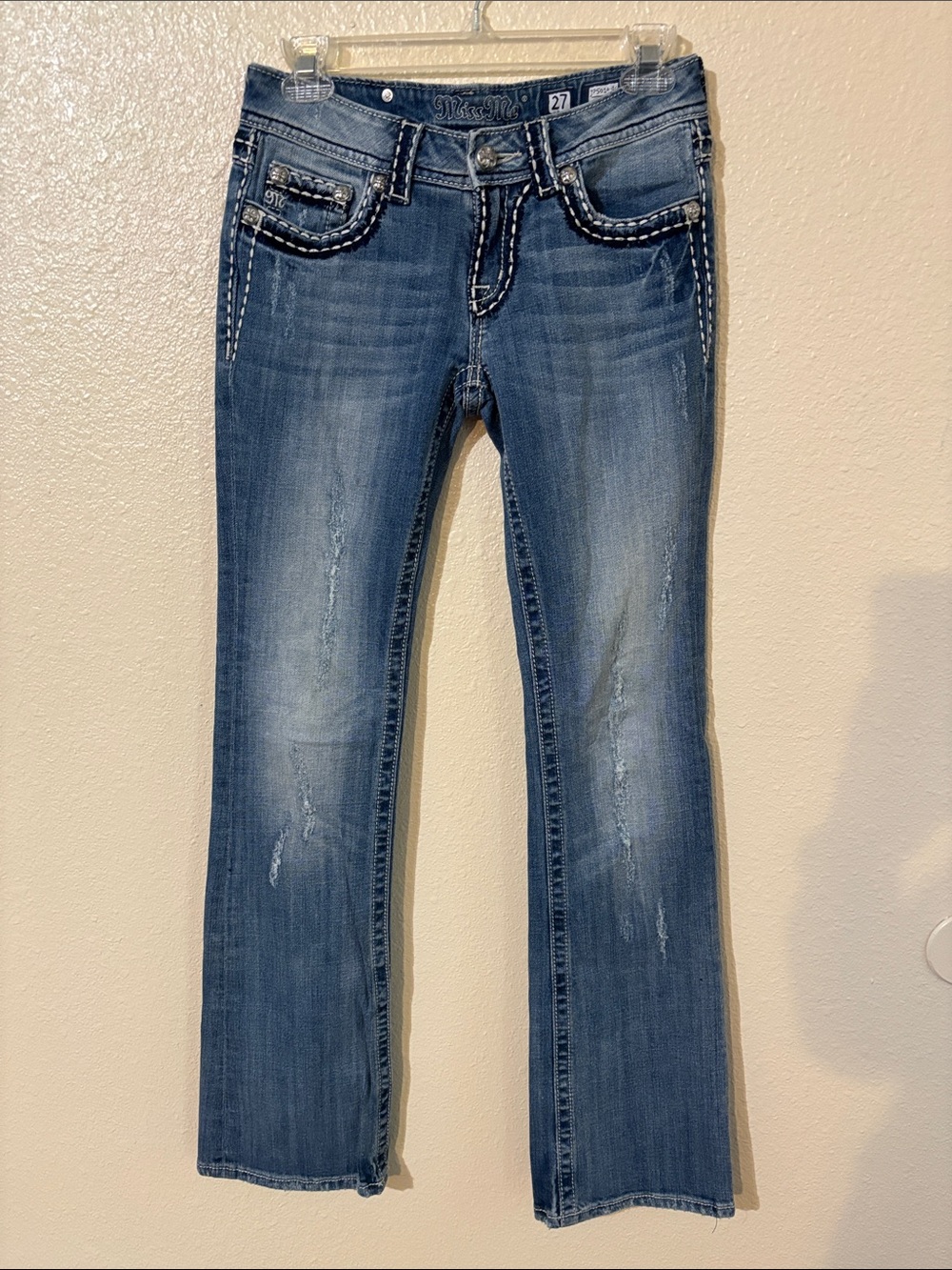 Miss Me Medium Blue Boot Cut Jeans with Contrast Stitching 27X41